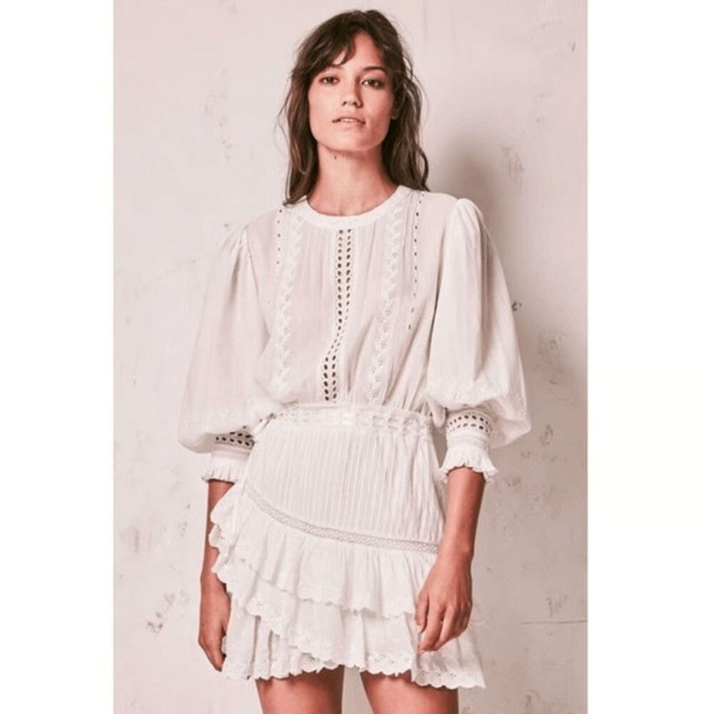 LoveShackFancy Ivory Lorelie Long Sleeve Ruffle Mini Dress Women's Size Large